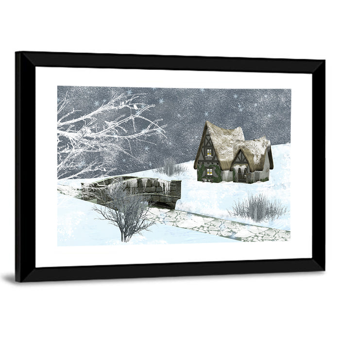 Starry Winter Cottage and Frozen Stream Wall Art as a framed print