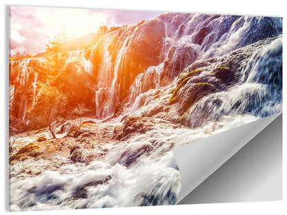 Sunlit Mountain Waterfall Closeup Wall Art