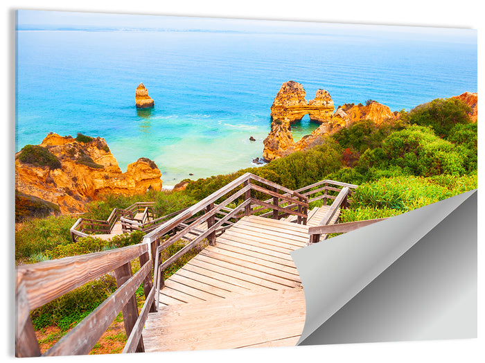 Wooden Stairs to Turquoise Atlantic Cove Wall Art as a poster print