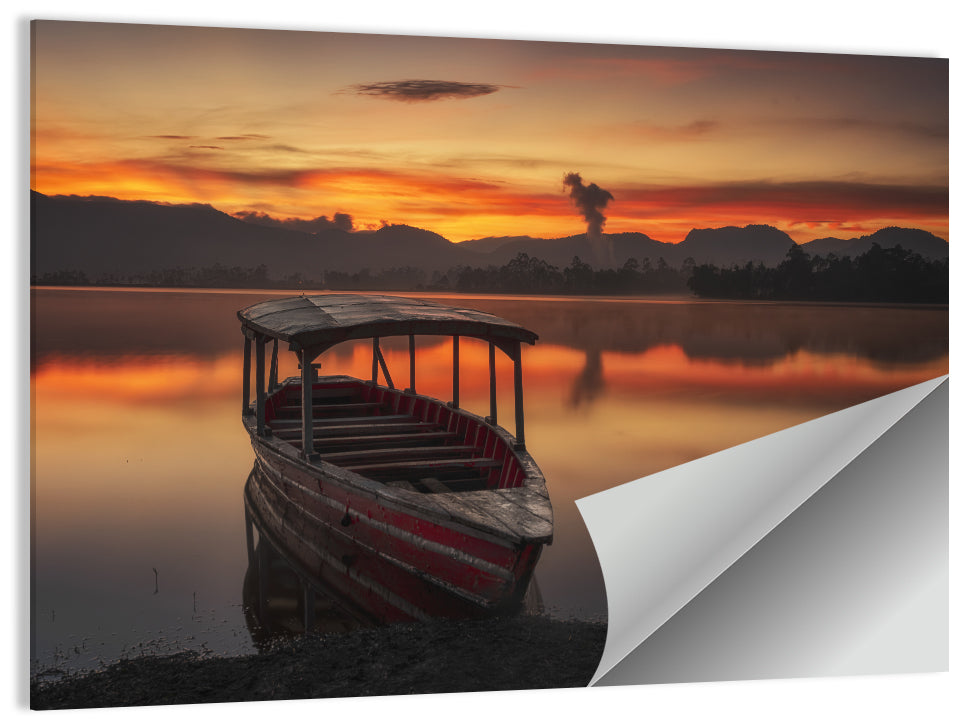 Sunset Fishing Boat on Calm Lake Wall Art