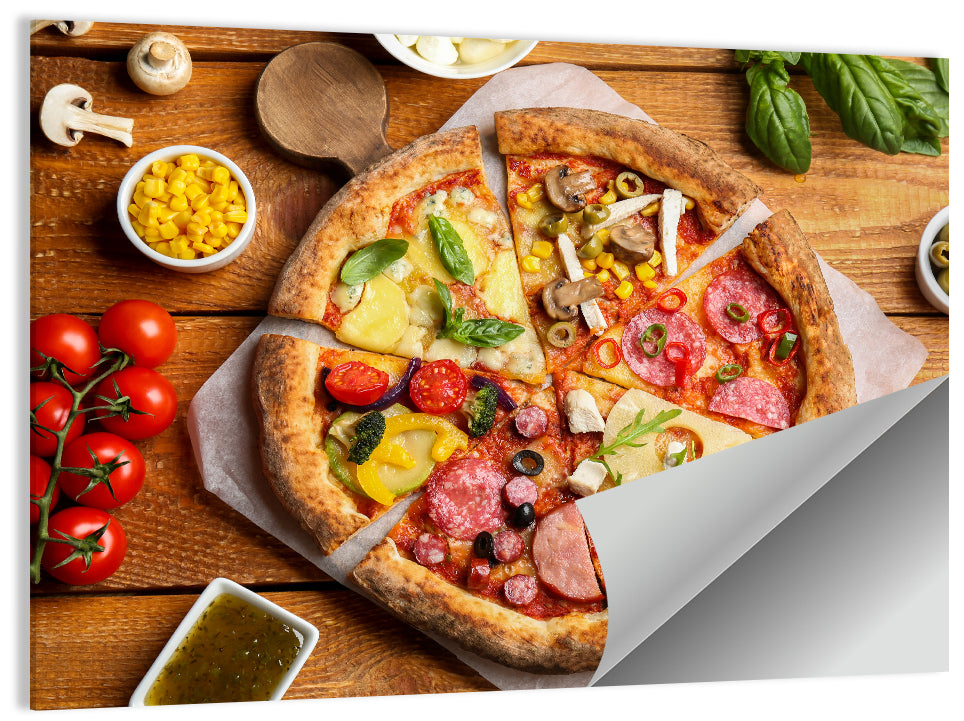 Sliced Pizza on Wooden Board Wall Art