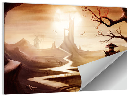 Silhouetted Samurai at Distant Tower Wall Art