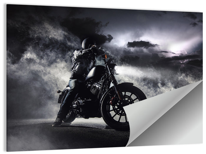 Motorcyclist in Fog at Night Wall Art as a poster print