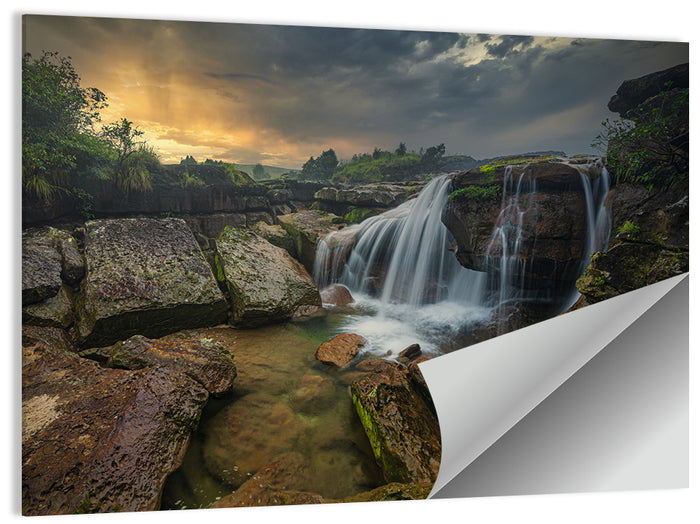 Mossy Rocks Waterfall at Golden Sky Wall Art as a poster print