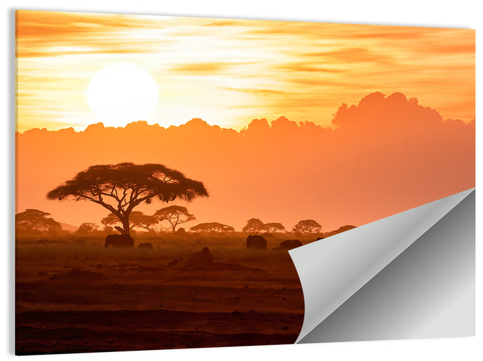 African Elephant Herd at Sunset Wall Art as a poster print