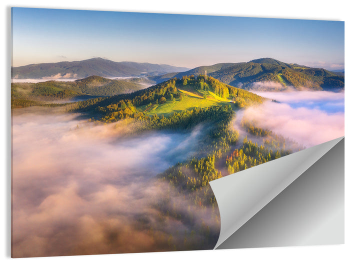 Foggy Mountain Sunrise Wall Art as a poster print