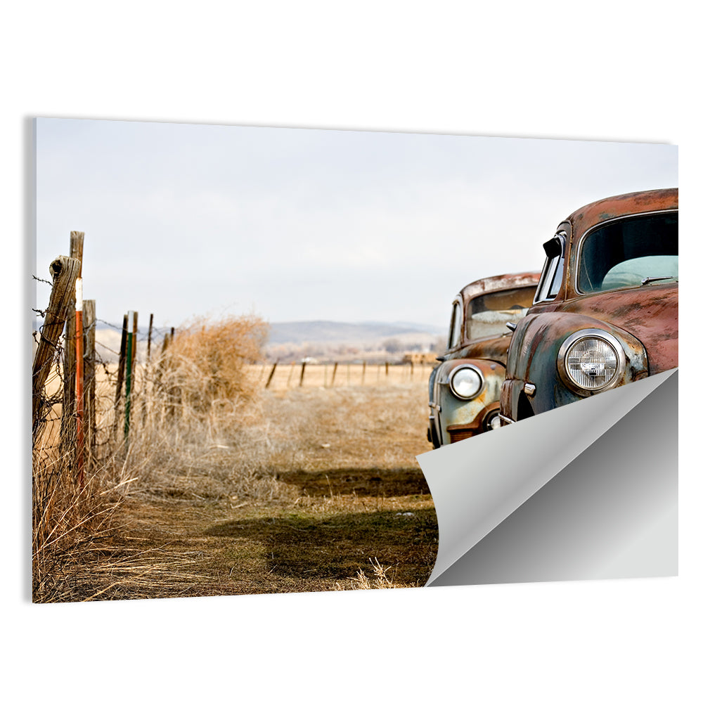 Abandoned Rusty Vintage Cars Behind Barbed Wire Wall Art