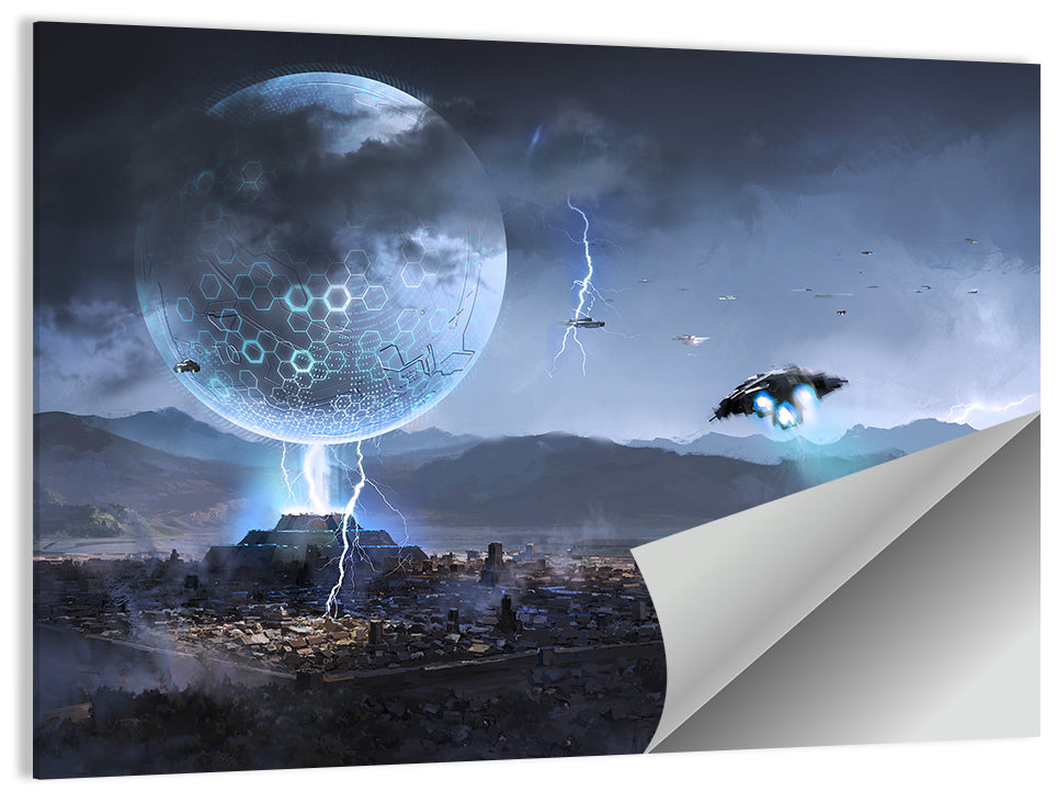 Alien Planet Cityscape with Spaceships Wall Art