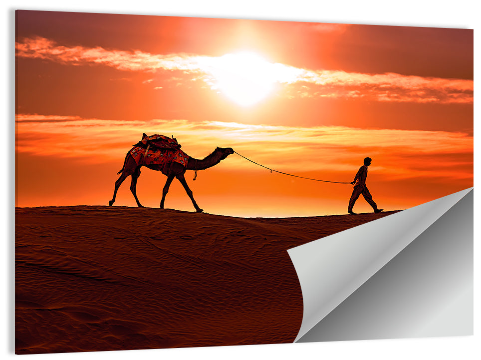 Man Leading Camel at Dusk Wall Art