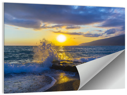 Crashing Wave at Golden Sunset Wall Art