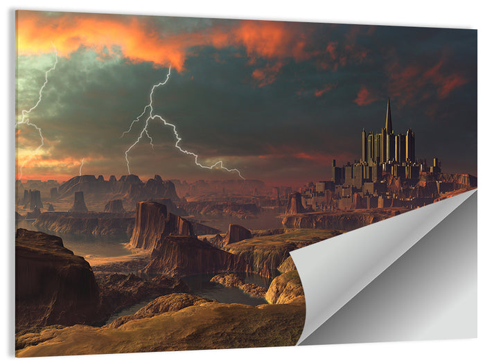 Dusk Storm Over Alien Fortress Wall Art as a poster print