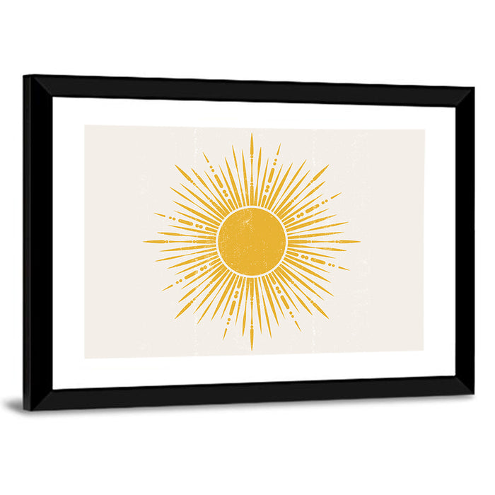 Golden Sunburst Boho Minimalist Wall Art as a framed print