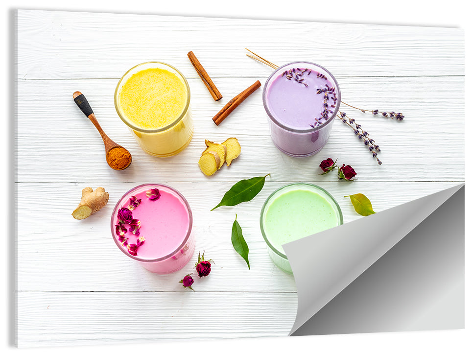 Four Lattes with Botanicals Wall Art