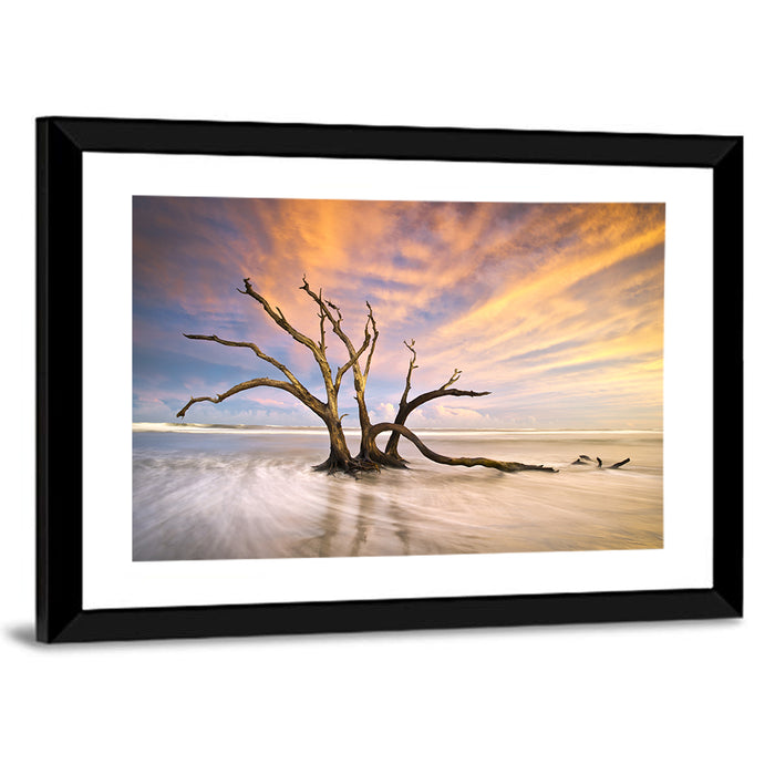 Folly Beach Driftwood Sunset Wall Art as a framed print