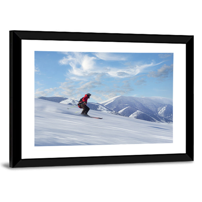Skier on Snowy Mountain Slope Wall Art as a framed print