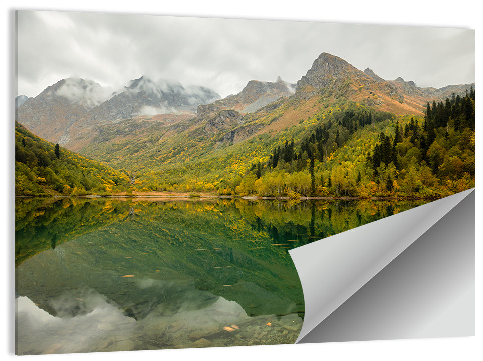 Kardyvach Lake Reflection Under Clouded Peaks Wall Art