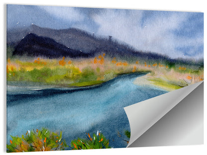 Misty Autumn River and Mountain Landscape Wall Art