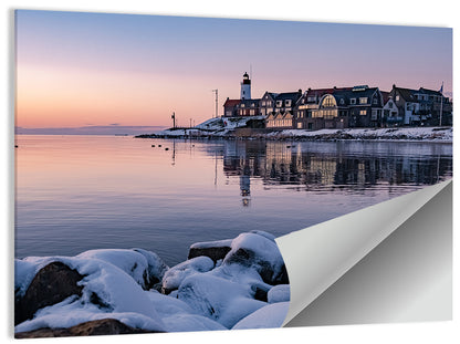 Urk Lighthouse Winter Twilight Harbor Wall Art