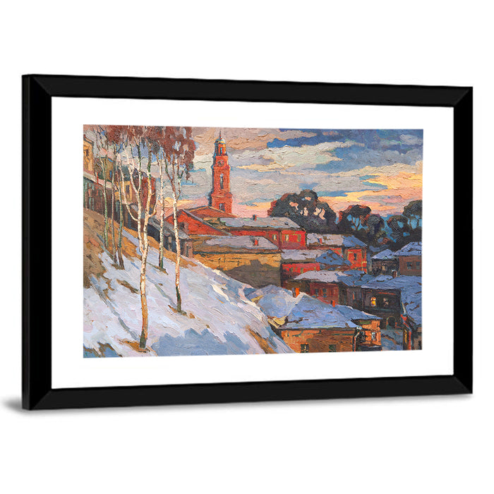 Snowy Village with Church Tower Wall Art as a framed print