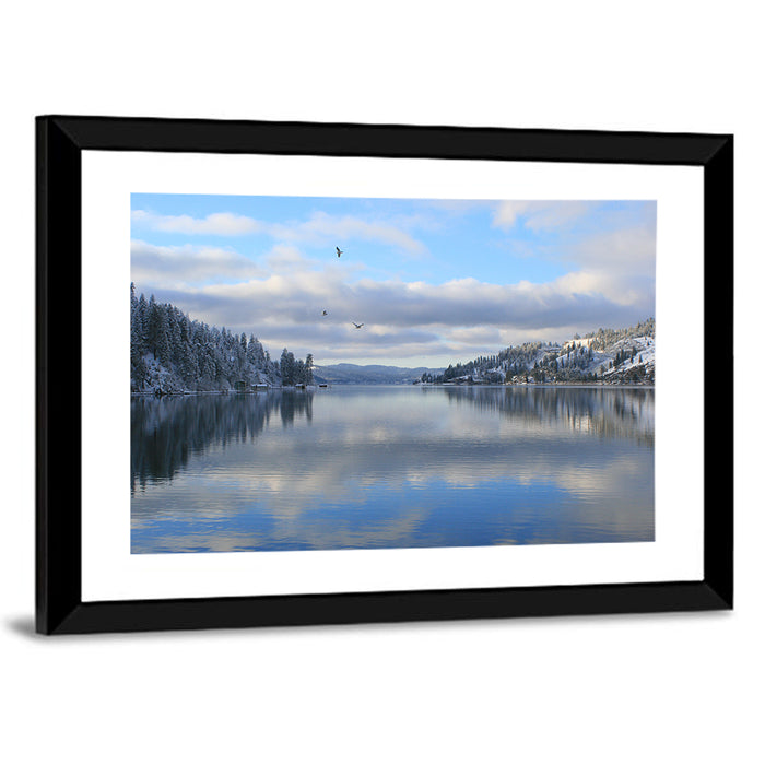 Coeur D Alene Winter Lake Reflection Wall Art as a framed print