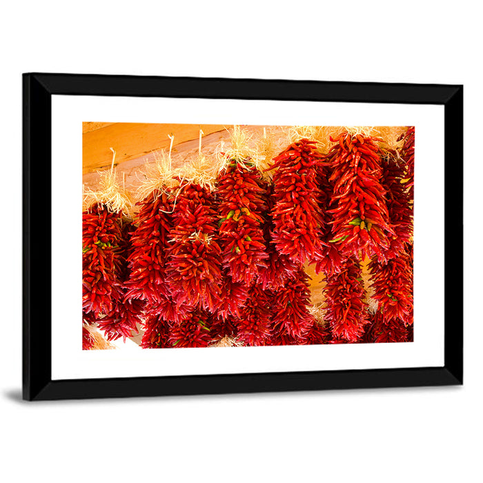 Hanging Dried Chili Peppers Wall Art as a framed print