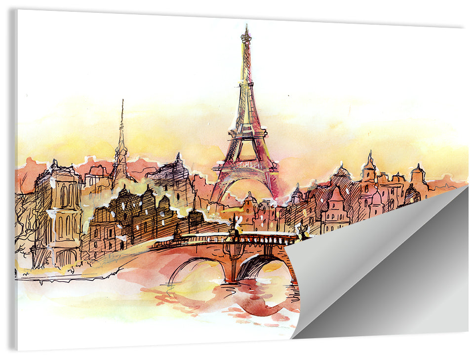 Eiffel Tower Watercolor at Dusk Wall Art