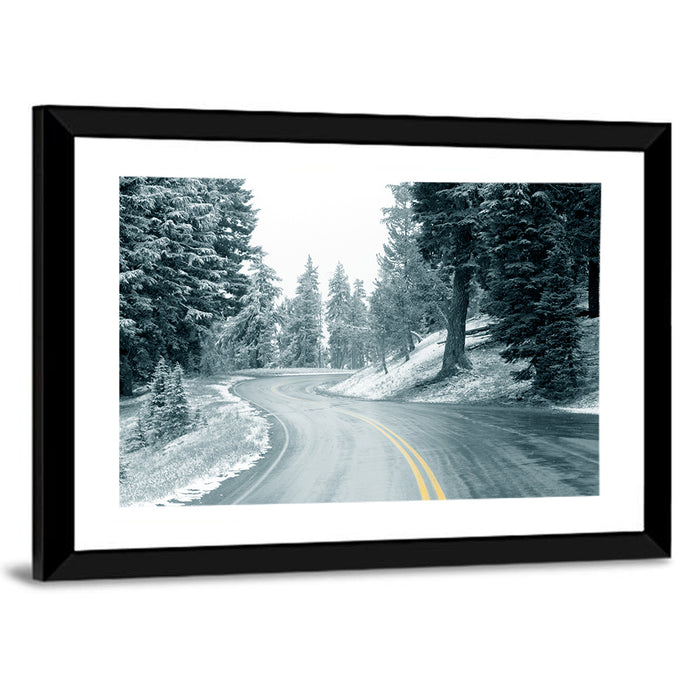 Winding Snowy Highway Wall Art as a framed print