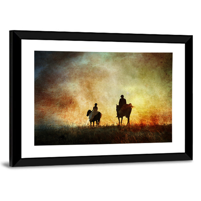 Silhouetted Horse Riders at Sunset Wall Art as a framed print