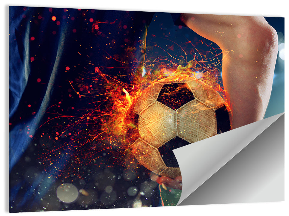 Fiery Soccer Ball and Blue Jersey Player Wall Art