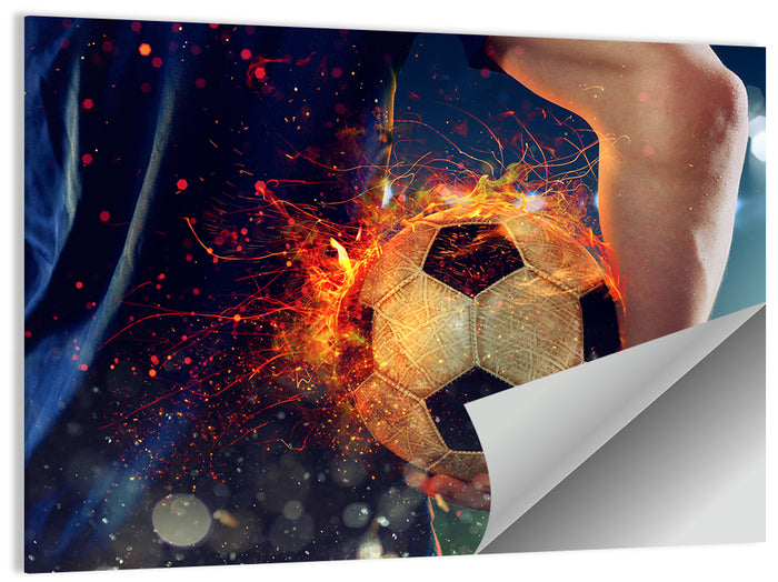 Fiery Soccer Ball and Blue Jersey Player Wall Art as a poster print