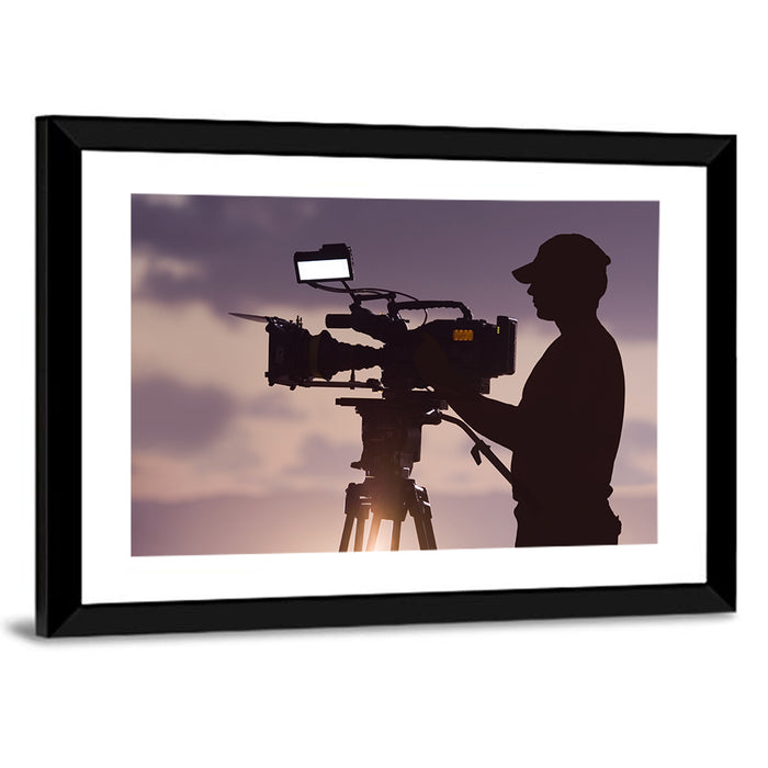 Cameraman Silhouette at Dusk Wall Art as a framed print