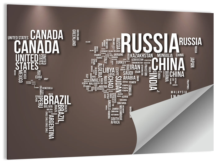 World Map Typography in Brown and White Wall Art as a poster print