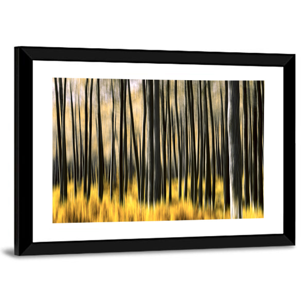 Golden Abstract Forest Wall Art in a room, landscape