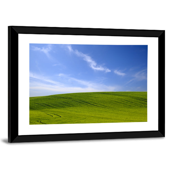 Rolling Green Hill with Blue Sky Wall Art as a framed print