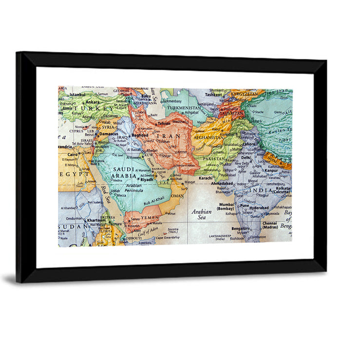 Middle East Political Map Wall Art as a framed print