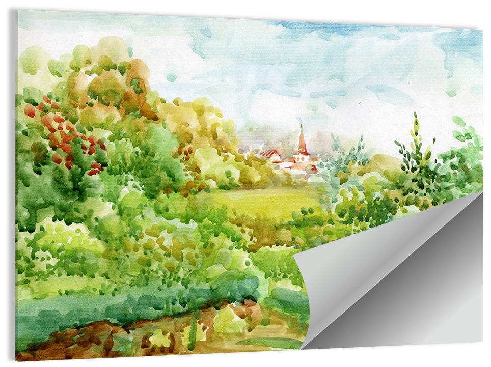 Red Steeple Village Watercolor Wall Art