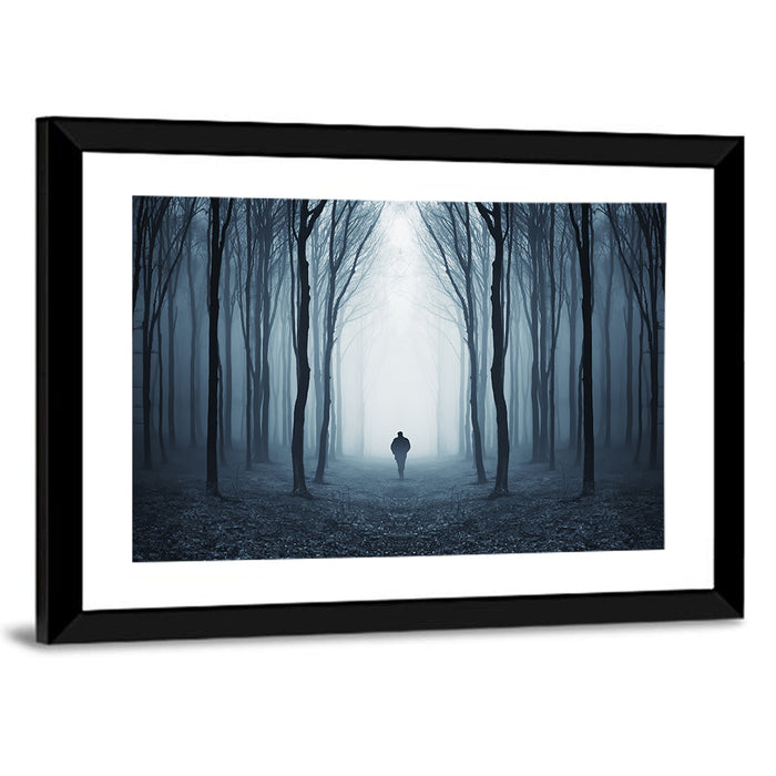 Lone Figure in Misty Forest Wall Art as a framed print