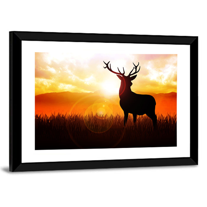 Golden Hour Deer Silhouette Wall Art as a framed print
