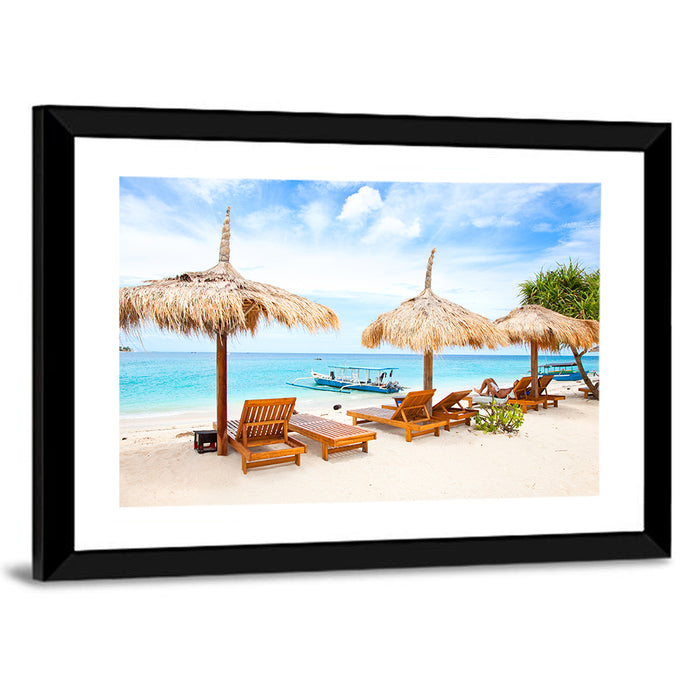 Gili Meno Beach with Thatched Umbrellas Wall Art as a framed print