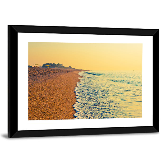 Tranquil Beach Sunrise Wall Art as a framed print