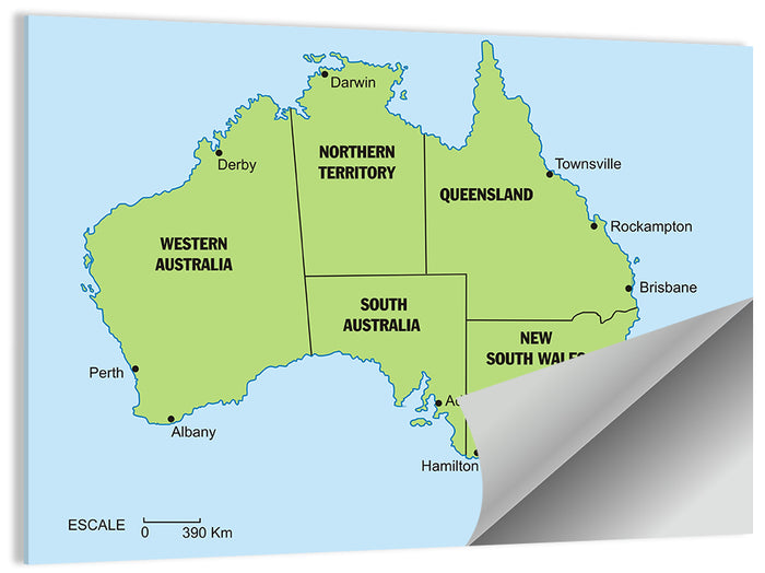 Minimalist Australia Map with State Labels Wall Art as a poster print