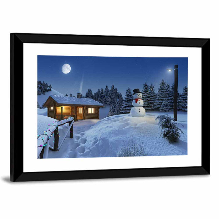 Moonlit Winter Cottage Wall Art as a framed print