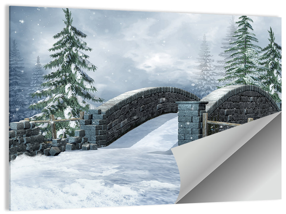 Snowy Stone Bridge in Winter Forest Wall Art