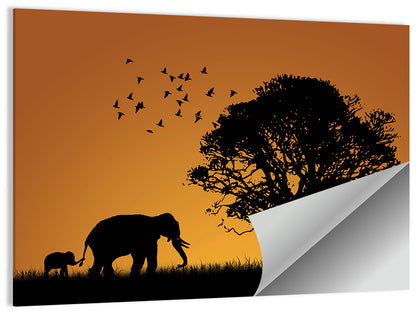 Elephant Family at Golden Sunset Wall Art