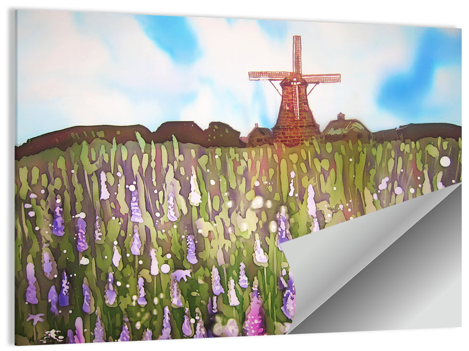 Ink Wash Windmill in Blooming Field Wall Art