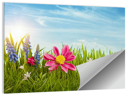 Pink Daisy and Blue Hyacinths in Spring Grass Wall Art