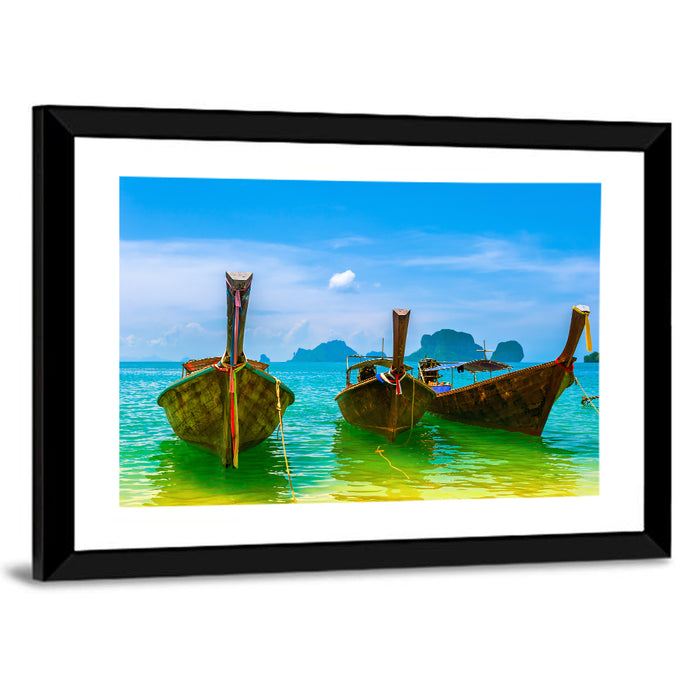 Three Long-tail Boats on Turquoise Water Wall Art as a framed print