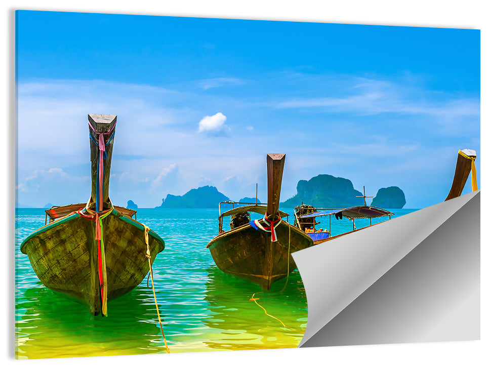 Three Long-tail Boats on Turquoise Water Wall Art