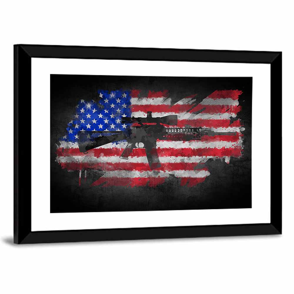 M16 Over Distressed American Flag Wall Art