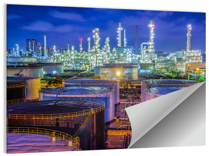 Illuminated Oil Refinery at Twilight Wall Art as a poster print